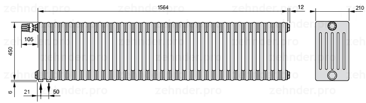 Схема (чертеж) Радиатор Zehnder Charleston 6045/34 №V001 Белый глянцевый RAL 9016